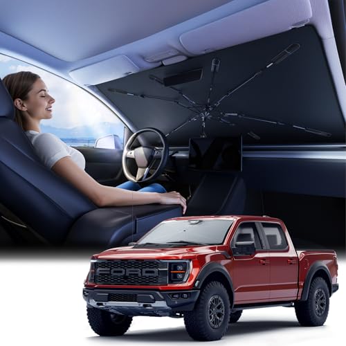 Windshield Sun Shade Umbrella for F150 - [Vinyl Coating Heat Shield] Protect Car from Sun Rays & Heat Damage Keep Cool and Protect Interior, Spring Structure Edge for F150