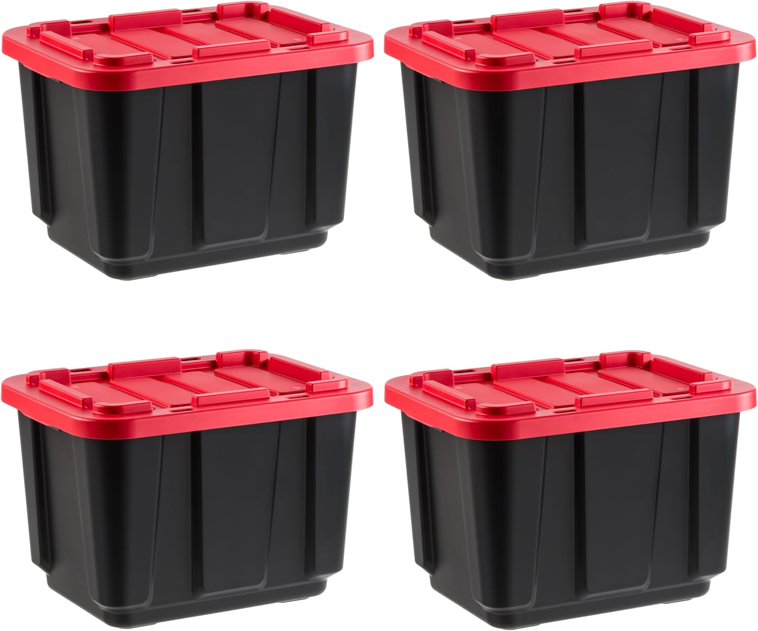 IRIS USA 12 Gallon Heavy Duty Truck Bed Toolbox Storage Tote Bins with Lids, 4 Pack - Made in USA, Tough Snap On Lid Stackable Industrial Rugged Tubs, Garage Organization, Reusable Box - Red