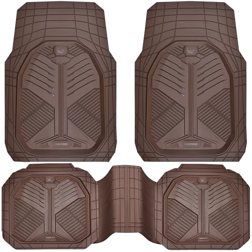 CAR PASS Heavy Duty Rubber Car Mats, Deep-Dish Odorless Car Floor Mats All Weather, Trim-to-Fit for SUVs Trucks Sedans, Waterproof Anti-Slip, 3 Pieces V12 Brown