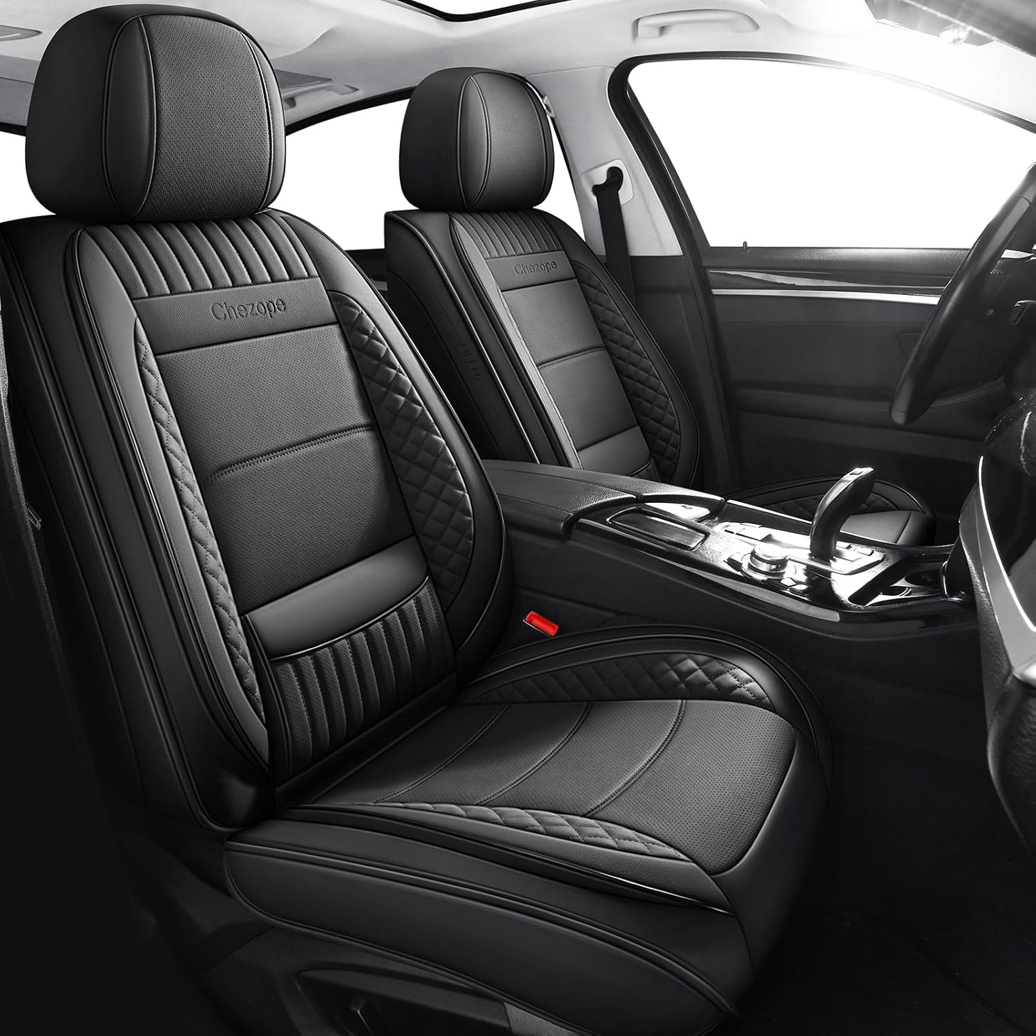 Chezope Full Set Leather Car Seat Covers-Waterproof Durable Automotive Protection Seat Covers Universal Fit for Most Cars, SUVs, Sedans & Trucks (Black)