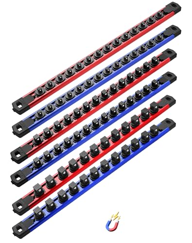 ALOANES 6-Piece Magnetic Socket Organizer, Heavy Duty Aluminum Socket Rails Organizer, 360 Swivel Clips Socket Holder Kit for Tool Box, 1/2, 3/8, 1/4-Inch Socket Holder x 80 Clips (Red&Blue)