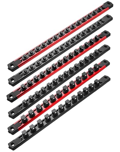 ALOANES 6-Piece Magnetic Socket Organizer, Heavy Duty Aluminum Rails With 360 Swivel Clips Holder Kit for Tool Box, 1/2, 3/8, 1/4-Inch x 80 Clips (Red&Black)