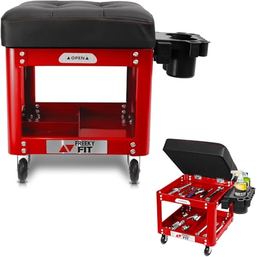 Rolling Creeper Garage Shop Seat for Men, Padded Mechanics Stool with Tool Tray Storage for Garage, Rolling Workshop Stool with Wheels, Auto Creeper Seat, 330 LBS Capacity, Heavy Duty, Red