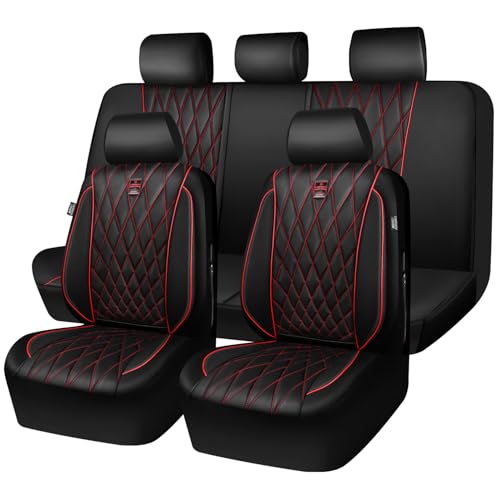 CAR PASS Piping Luxury Leather Seat Covers Full Set,5 Seats Anti-Slip Waterproof Seat Covers Compatible with Front Armrests,Universal Fit for Sendan SUV Van Truck,Airbag Compatible,Black and Red