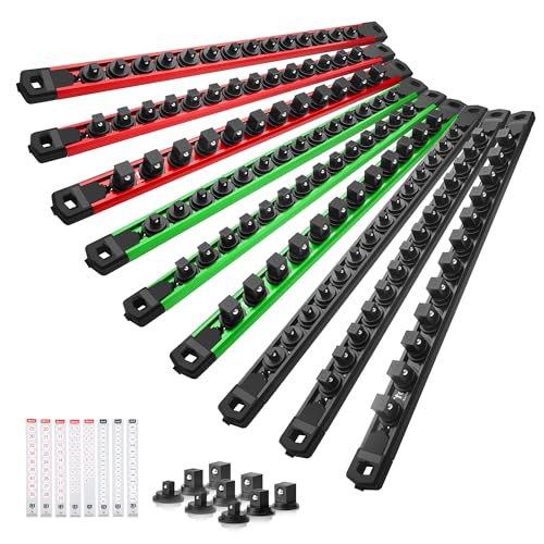 Magnetic Socket Organizer, 9-Piece Heavty Duty Aluminum Socket Holder, Socket Rail for Tool Box, Premium Quality 360 Swivel Socket Rack Kit with 120 Clips for 1/2, 3/8, 1/4-Inch(Multicolors)