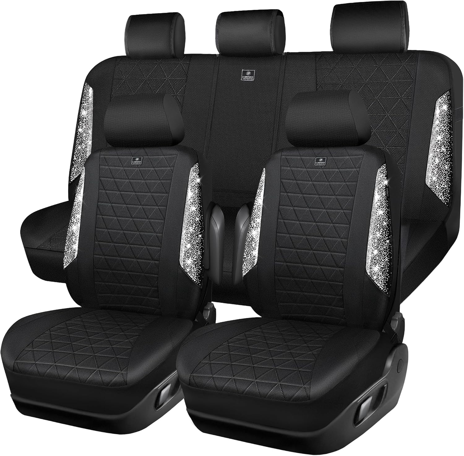 CAR PASS Oxford Bling Diamond Car Seat Covers Full Set Interior Sets, Waterproof Shining Glitter Sparkly Crystal Universal Armrest Fit 95% Automotive Truck SUV Cute Women Girl, Black Silver Rhinestone