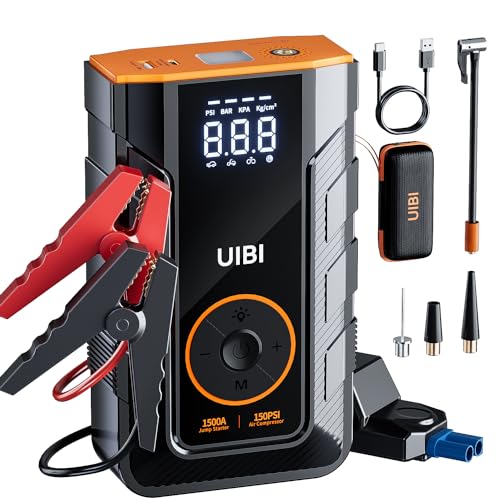 Jump Starter with Air Compressor, X3 1500A Car Battery Jumper Starter Portable for 8.0L Gas or 6.0L Diesel Engine, 12V Jump Box with Smart Jumper Cables, 150PSI Tire Inflator, PD45W, LED Light