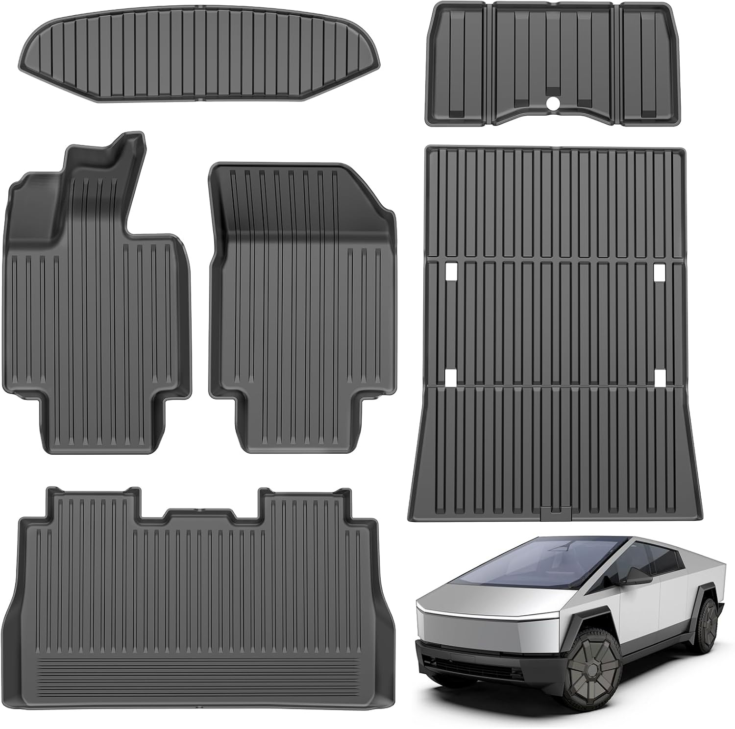 Floor Mats for Tesla Cybertruck- 2024 2025 2026 Custom Fit All Weather TPE Cargo Liner Cargo Trunk Accessories(Tesla Cybertruck Full Floor Mat Kit Set of 6)
