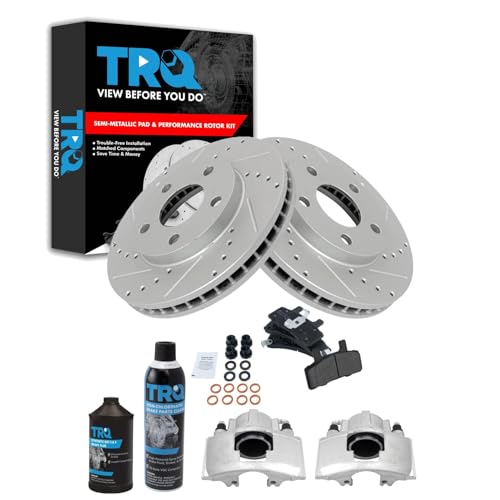 TRQ Front Performance Brake Pad & Rotor Kit Brake Caliper Brake Chemical Kit Brake Pads Brake Rotors Set Semi-Metallic Premium G-Coated Compatible with 1991-1993 Cadillac DeVille 1991-1992 Fleetwood