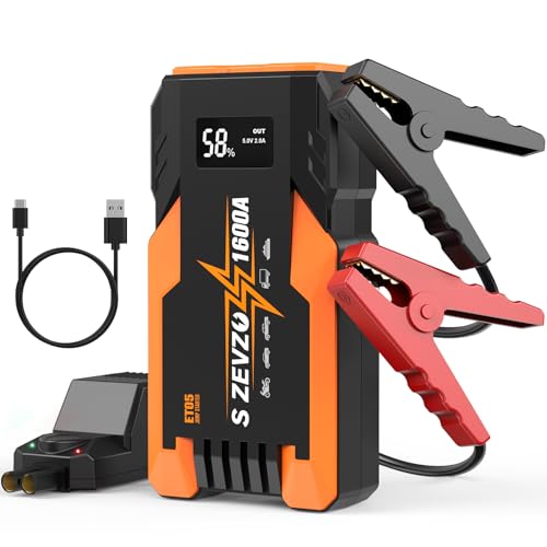 S ZEVZO ET05 Jump Starter 1600A Portable Car Jump Starter Battery Pack for Up to 7.2L Gas and 5.5L Diesel Engines 51.8Wh 12V Jump Box with USB Ports, LCD Display and LED Light