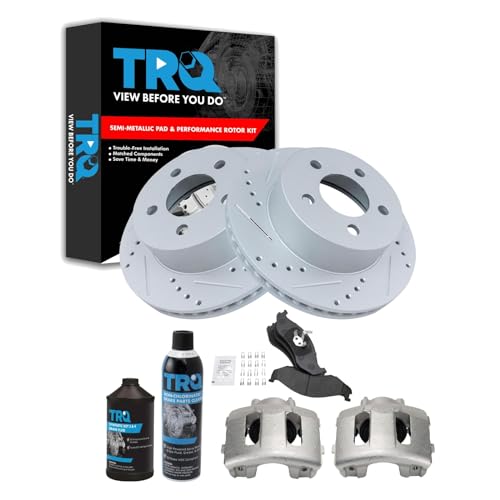 TRQ Front Performance Brake Pad & Rotor Kit Brake Caliper Brake Chemical Kit Brake Pads Brake Rotors Set Semi-Metallic Premium G-Coated Compatible with 1999-2001 Jeep Cherokee 1997-2006 Wrangler