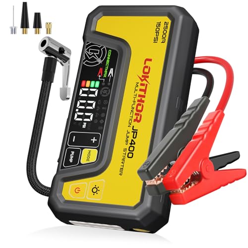 JP400 Jump Starter with Air Compressor, 2500A 12V Portable Car Battery Booster Pack (8.5L Gas/6.5L Diesel) with ConnectMax Tech, 150PSI Tire Inflator, Auto-Shutoff & Dynamic Dwell (Yellow)