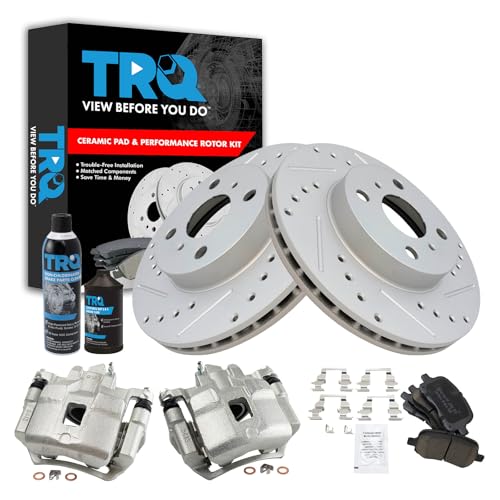 TRQ Front Performance Brake Pad & Rotor Kit Brake Caliper Brake Chemical Kit Brake Pads Brake Rotors Set Ceramic Premium G-Coated Compatible with 1998-2002 Chevrolet Prizm Toyota Corolla