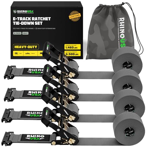 Rhino USA E Track Ratchet Tie Down Straps (4,500lb Break Strength) - Includes (4) Premium 2" x 16' eTrack Tie Downs - Ultimate Heavy Duty eTrack Cargo Strap System for Trailer, Truck, Motorcycle