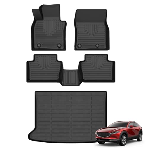 Floor Mats & Cargo Liner for Mazda CX-30 2020-2024 2025 All Weather Automotive TPE Liners Set Anti-Slip Waterproof Floor Liners Accessories (Car Mats+Trunk Mat) Black