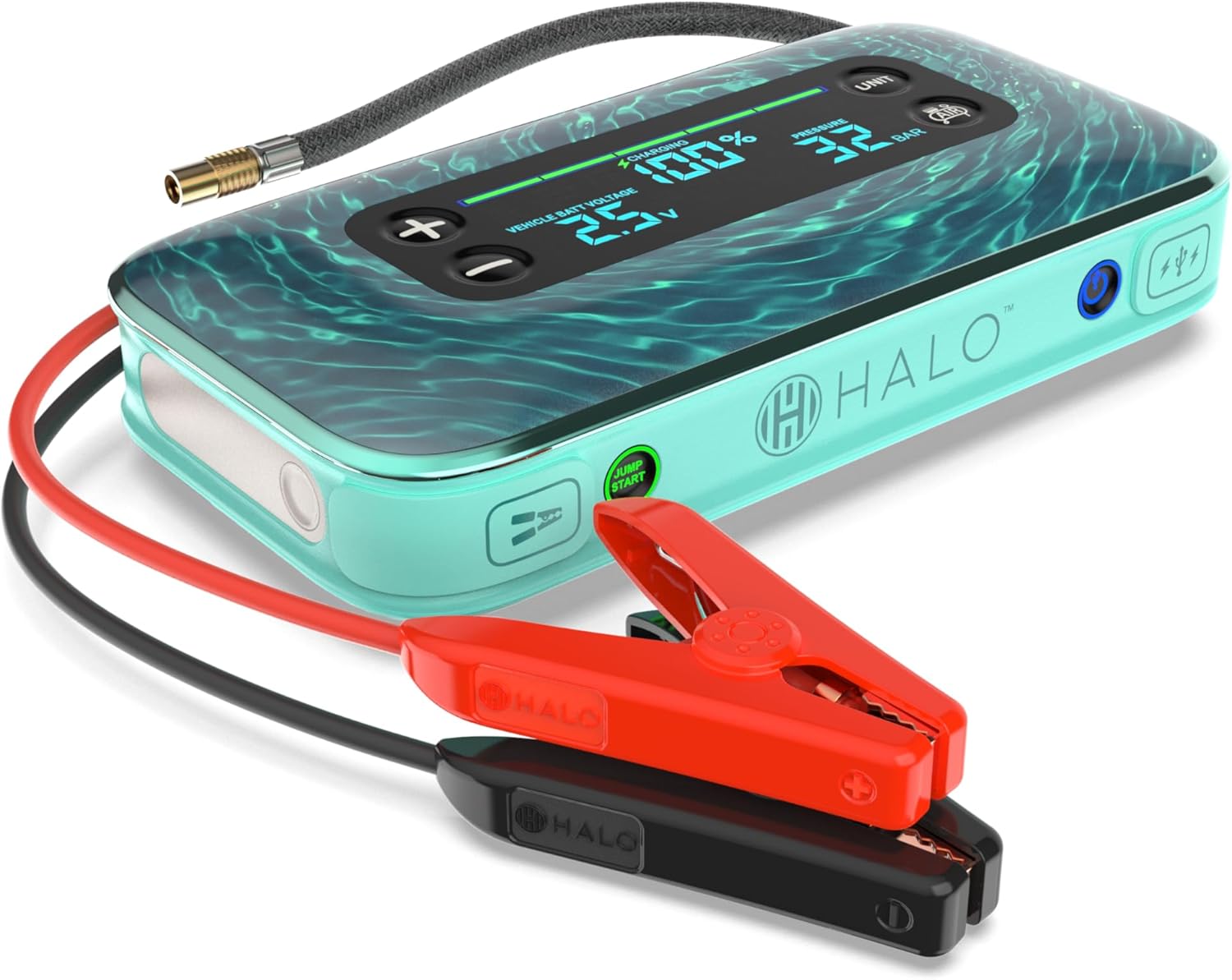 HALO Bolt Air+ 1750 Portable Car Battery Jump Starter | 130 PSI Air Compressor, 59.9Wh USB Power Bank, Large Display, Emergency Floodlight & Charger, Jumps Cars SUVs & Trucks, Inflates Tires  Teal