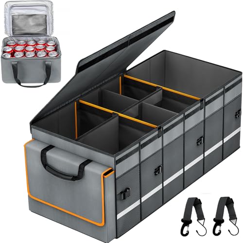 Car Trunk Organizer and Storage with Removable Leakproof Cooler Bag, 6 Removable Dividers for Custom Space, Collapsible Trunk Storage with Non Slip Bottom, Foldable Cover for SUV, Jeep, MPVs