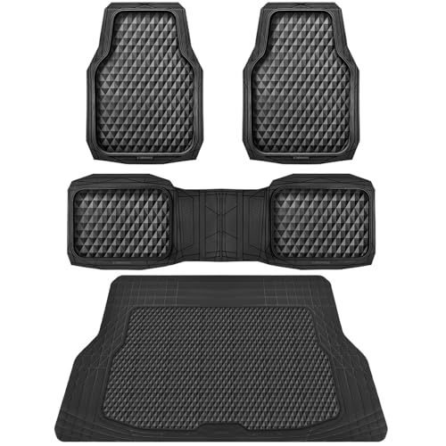 CAR PASS Heavy Duty Rubber Black Car Floor Mats & Cargo Liners, Deep Dish All-Weather Trunk Mats Durable Anti-Slip 3D Rhombus Waterproof Trim to Fit Liner Universal Fit Auto,Sedan,SUV,Truck, Black