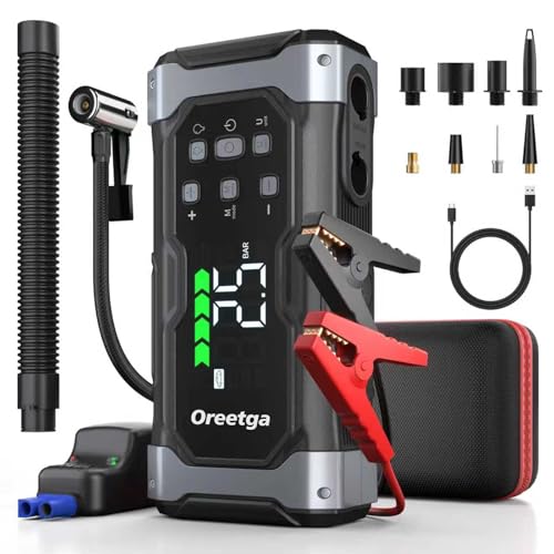 Upgraded 9000A Car Battery Jump Starter with Air Inflator/Deflator Compressor, 9 in 1 Portable Jumper Box Power Pack (All Gas/12L Diesel) Combo Cordless Air Pump for Tire Inflator & Large LCD Screen
