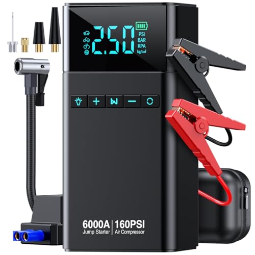 10-in-1 Portable Car Battery Jump Starter with Air Compressor, 6000A 160PSI Portable Car Jumper Starter (All Gas 12L Diesel), 12V Jump Box Car Battery Jump Starter with Jumper Cables, Lights