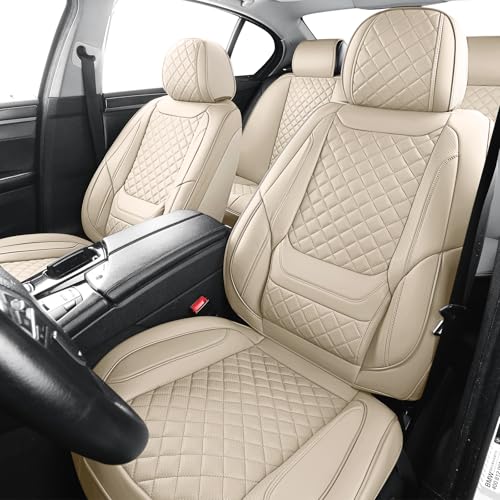 Leather Seat Covers for Cars Breathable Front Seat Covers Waterproof Seat Protectors Universal Fit for Most Automotive Cars SUV Trucks Van (Beige, Front Pair)