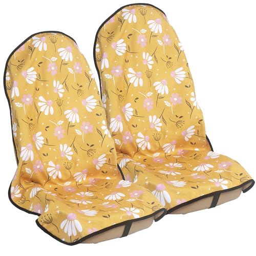 Car Seat Cover Protector Front Seats,for Gym Workout,Running,Swimming,Beach and Hiking,Waterproof Sweat Towel Bucket Seat Covers for Cars SUV Trucks (Chamomile and Yellow, 2Pcs)