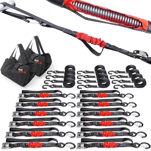 TorkStrap 14' x 1'' Self Tensioning Tie Down Straps [Patented] - Automatically Adapt to Load Shifts - 1,500LB Break Strength - Pull Alternative to Ratchet Straps - Integrated Soft Loop & Hooks (12-PK)
