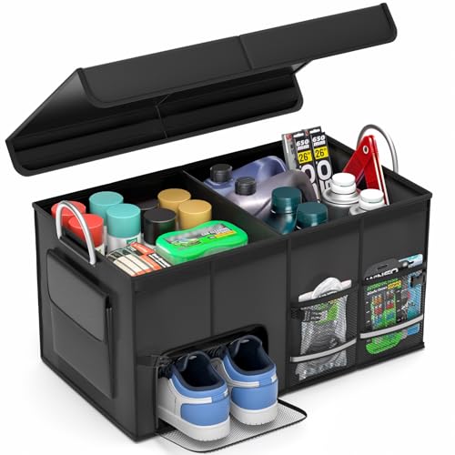 Car Trunk Organizer for SUV with Lid 56L Collapsible Golf Trunk Organizer Multi Compartment Car Caddy Organizer Heavy Duty Grocery Organizer for Car Storage Bin Cargo Box for SUV Cargo Van Accessories