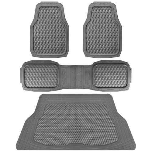 CAR PASS Heavy Duty Rubber Gray Car Floor Mats & Cargo Liners, Deep Dish All-Weather Trunk Mats Durable Anti-Slip 3D Rhombus Waterproof Trim to Fit Liner Universal Fit Auto,Sedan,SUV,Truck, Gray