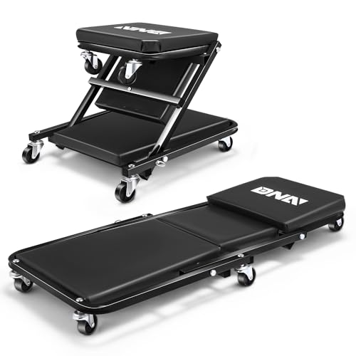 DNA MOTORING 36 Inches Folding 2 in 1 Rolling Z Creeper, Adjustable Roller Garage Chair Lay Down or Sit, 6 Pcs Casters, 330 LBS / 150kg Weight Capacity, Black, TOOLS-00493
