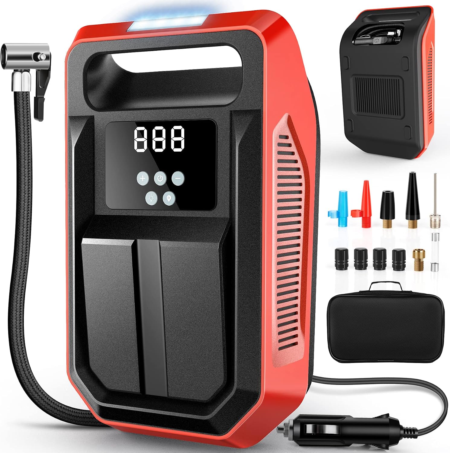 FBK Tire Inflator Portable Air Compressor Tire Air Pump for Car Tires - Car Accessories, 12V DC Auto Pump with Digital Pressure Gauge, Emergency LED Light for Bicycle, Motorcycle, Balloons, Red