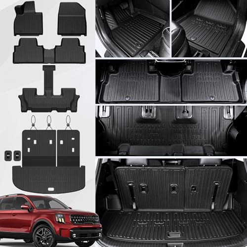 Floor Mats Cargo Mat with Backrest Mats for 2020-2025 Kia Telluride 7/8 Passenger Car Mats Accessories, All Weather TPE Protectors Cargo Liner Seat Back Covers(Floor Mats+2-in-1 Cargo Mat)