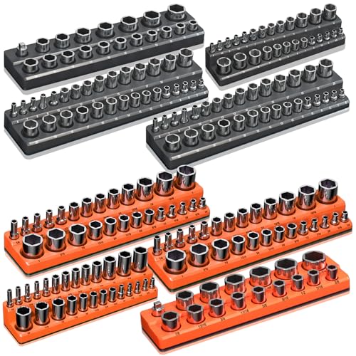 Magnetic Socket Organizer Holder Set  8-Piece Tool Organizers Including 1/4", 3/8" and 1/2" Drive Socket Holder Metric & SAE 207 Pieces Socket Trays (Sockets are not Included)