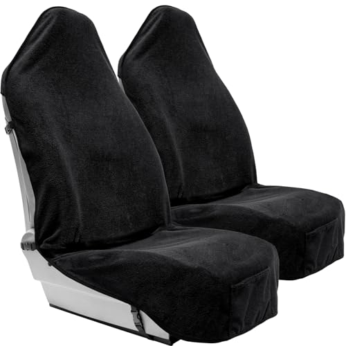 Terry Cloth Sweat Towel Seat Cover; Carseat Towel Protector; Great for Gym Workout; Waterproof; Universal Fit for Car SUV Van Truck; EZ fit; Non Slip Grip; Machine Washable; 2pc Black