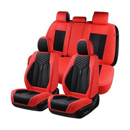 Coverado Car Seat Covers Full Set, 5 Seats Leather Seat Covers for Cars, Waterproof Front and Rear Car Seat Cushions Protectors Universal Fit Most Vehicles (Black&Red)