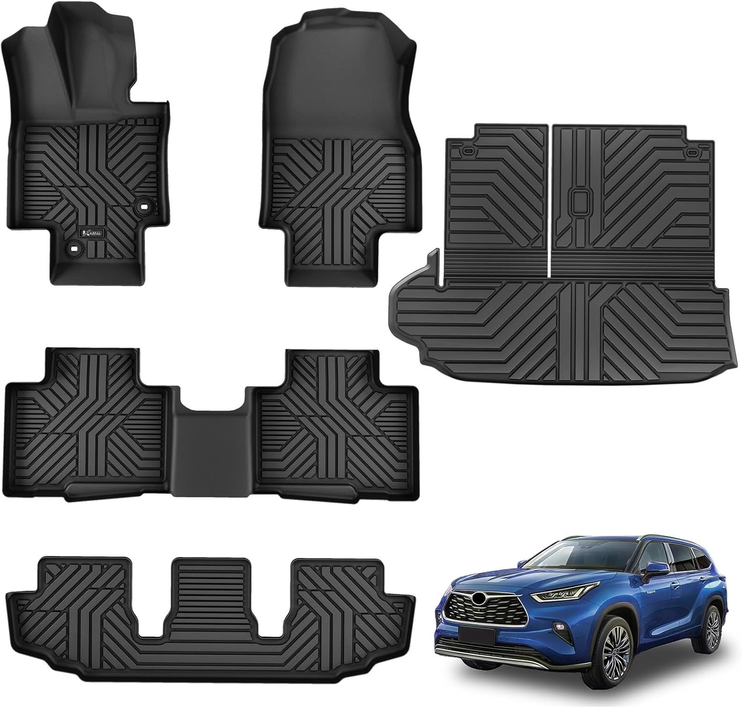 KARPAL Floor Mats Fit for Toyota Highlander 2020-2025 2026 7-Seater, Custom Fit All Weather TPE Floor Liners, 1st & 2nd Row & Cargo Liner & Backseat Mat, Highlander Accessories