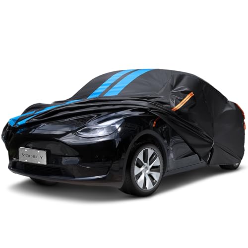 Car Cover Custom Fit for Tesla Model Y 2021-2024 Waterproof All Weather Rain Snowproof UV Protection Windproof with Charging Port, Ventilated Mesh, Zipper Door, Reflective Strip, Storage Bag