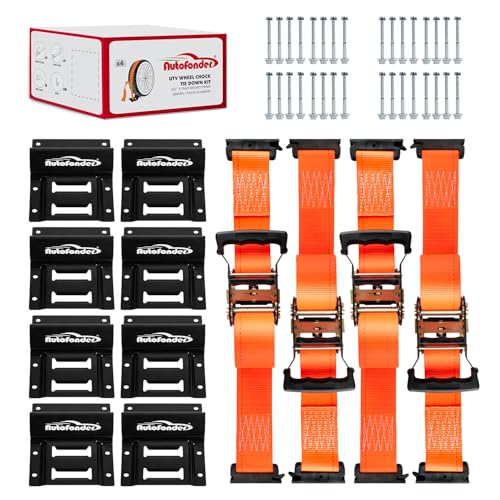Wheel Chock Tie Down Kit (4500lb Break Strength) Heavy Duty Trailer Tire Straps System for ATV, UTV, Lawn Mower & More - Ratchet Tie Downs Accessories with E Track for Four Wheeler