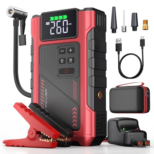 4000A Car Jump Starter with Air Compressor, Portable Battery Charger Jumpstart 12V Vehicle, Power Pack with 150PSI Tire Inflator for 9.0L Gas/7.5L Diesel Engines Jump Box with Light and Jumper Cable