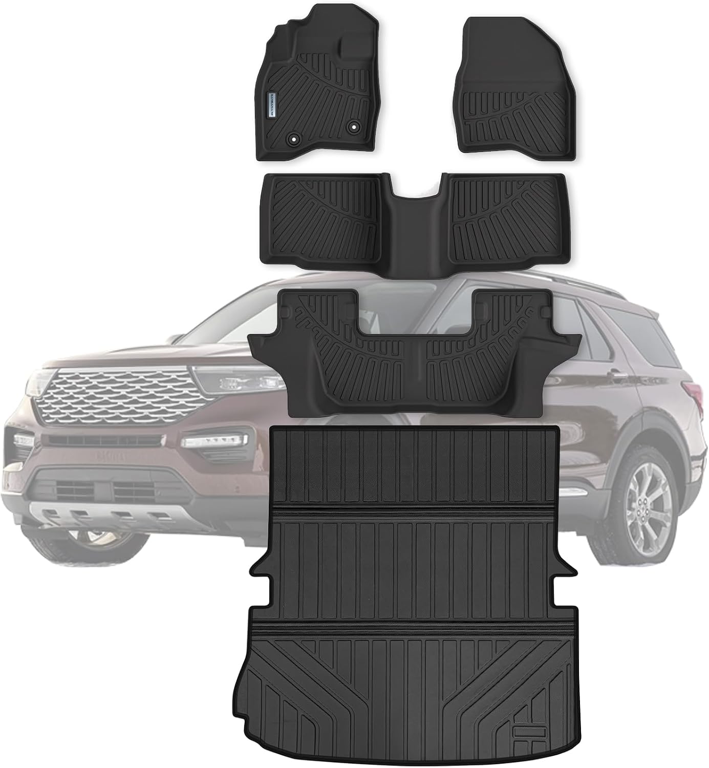 Floor Mats & Large Trunk Mat for 2015-2017 2018 2019 Ford Explorer,TPE All Weather Protection Car Floor Liners with Foldable Big Cargo Liners Accessories