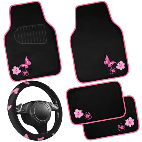 CAR PASS Embroidery Butterfly Steering Wheel Cover and Waterproof Car Floor Mats,Pink Car Mats 14.5-15inch Steering Wheel Covers Universal Fit for Cars, Suvs,Sedans,Van,for Women Girl(Black and Pink)