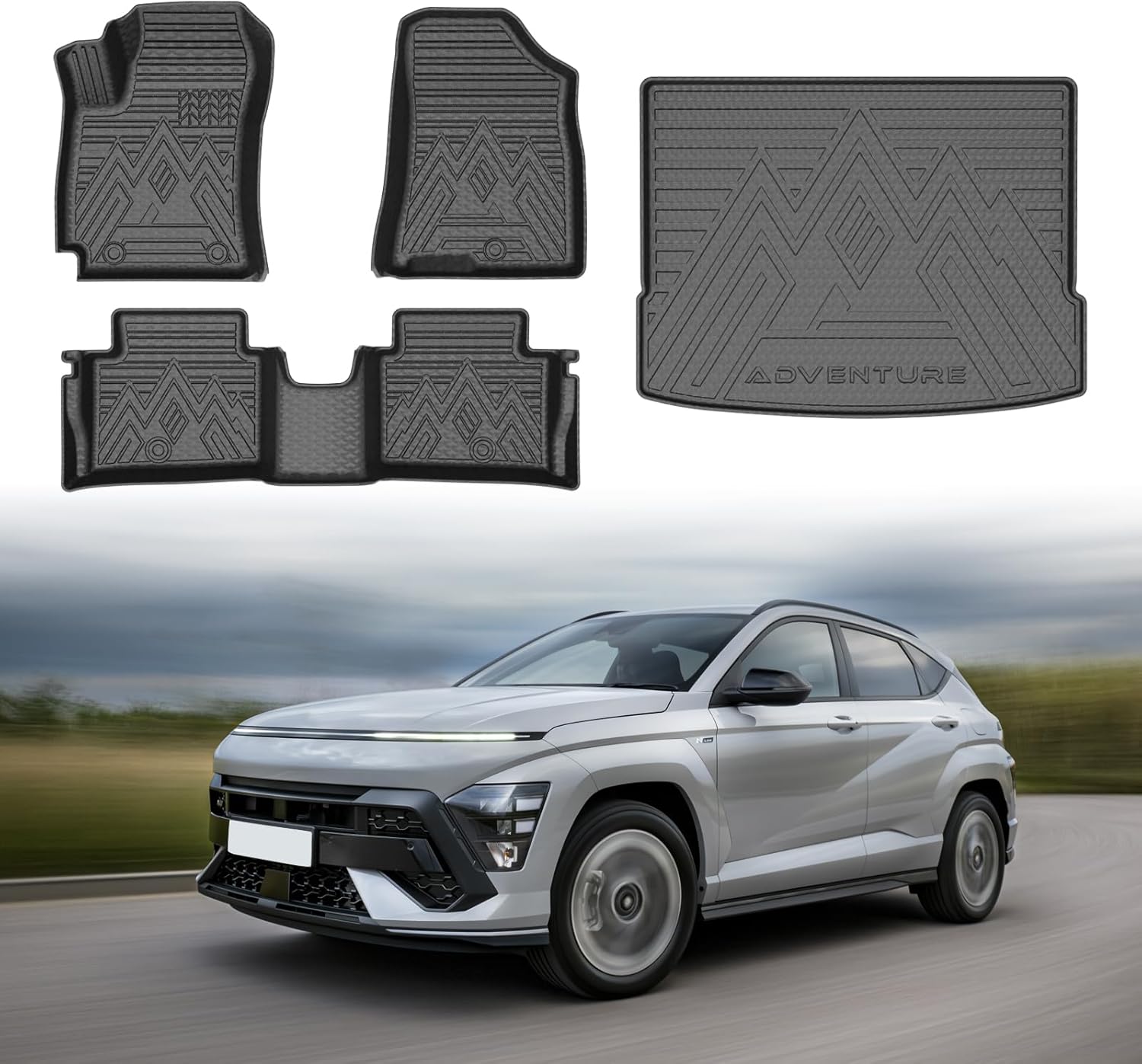 Mixsuper Floor Mats for Hyundai Kona 2024-2025 (Not for Electric Model), All Weather Trunk Mat and 2 Row Floor Liners Accessories Set Black