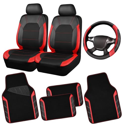 CAR PASS Air Mesh Leather Car Seat Covers for Front Seats, Waterproof Car Floor Mats, Sporty Steering Wheel Cover, Universal Fit for 95% Cars Truck SUV (Black and Red)