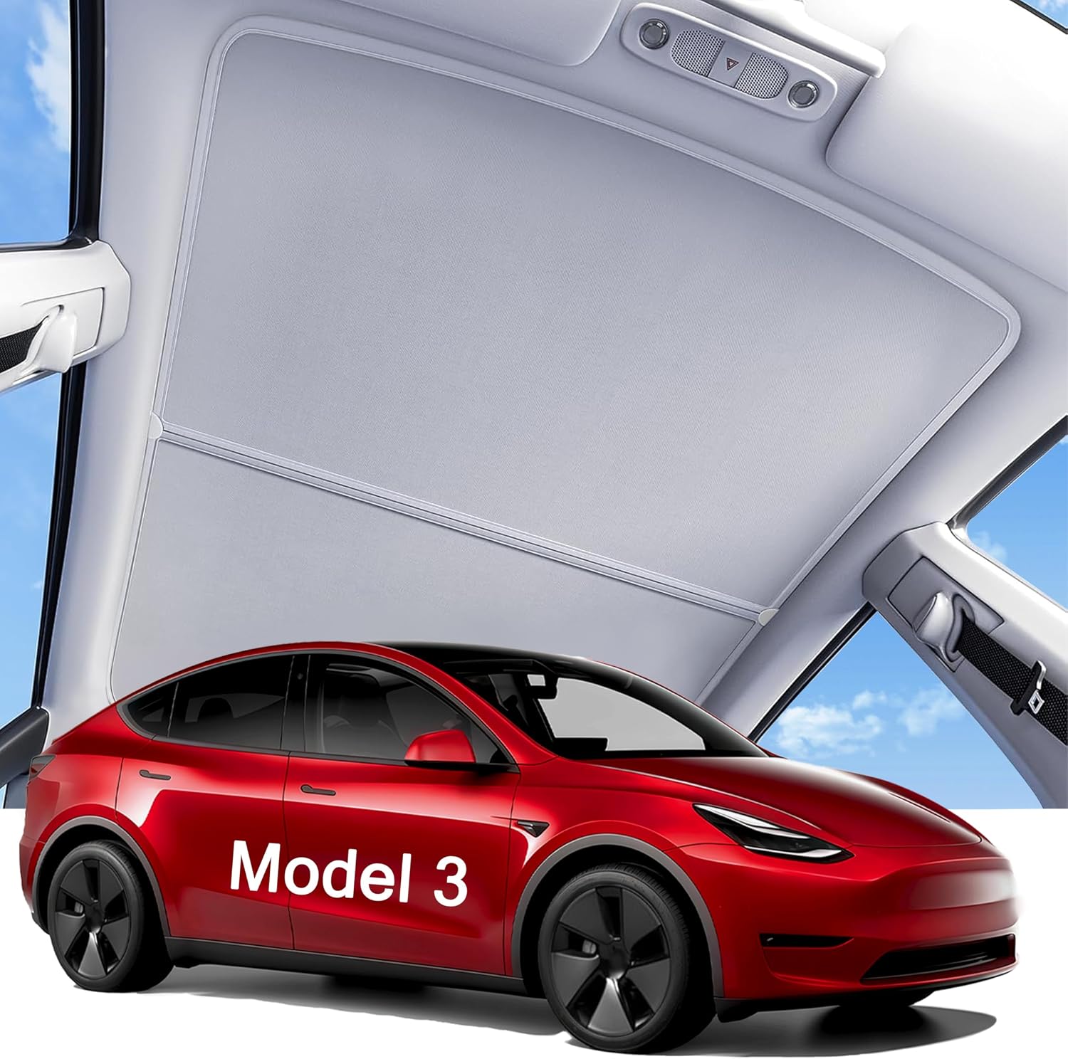 2025 Upgraded Tesla Model 3 Sunshade Roof, UPF200+ Roof Sunshade with Storage Bag, No-Sag & No-Gaps Heat Insulation Foldable Glass Roof Sun Shade, Tesla Model 3 Accessories MY20-23 Gray