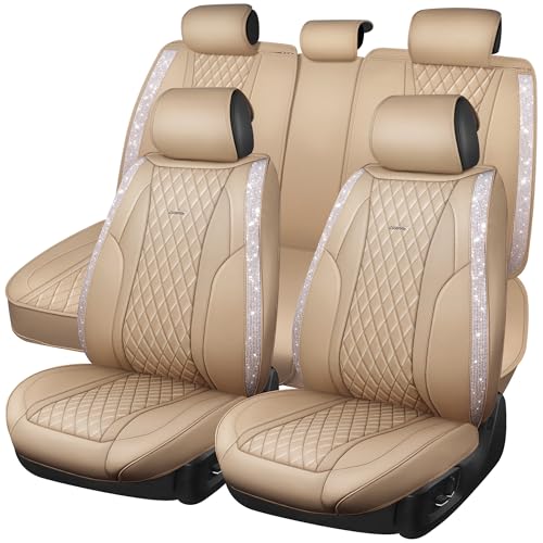 CAR PASS Beige Leather Bling Car Seat Covers Full Set, Luxury Microfiber Nappa PU Cushioned, Waterproof Anti-Slip Universal Fit for Auto SUV Sedan Sparkly Glitter Shining Rhinestone, Beige Diamond