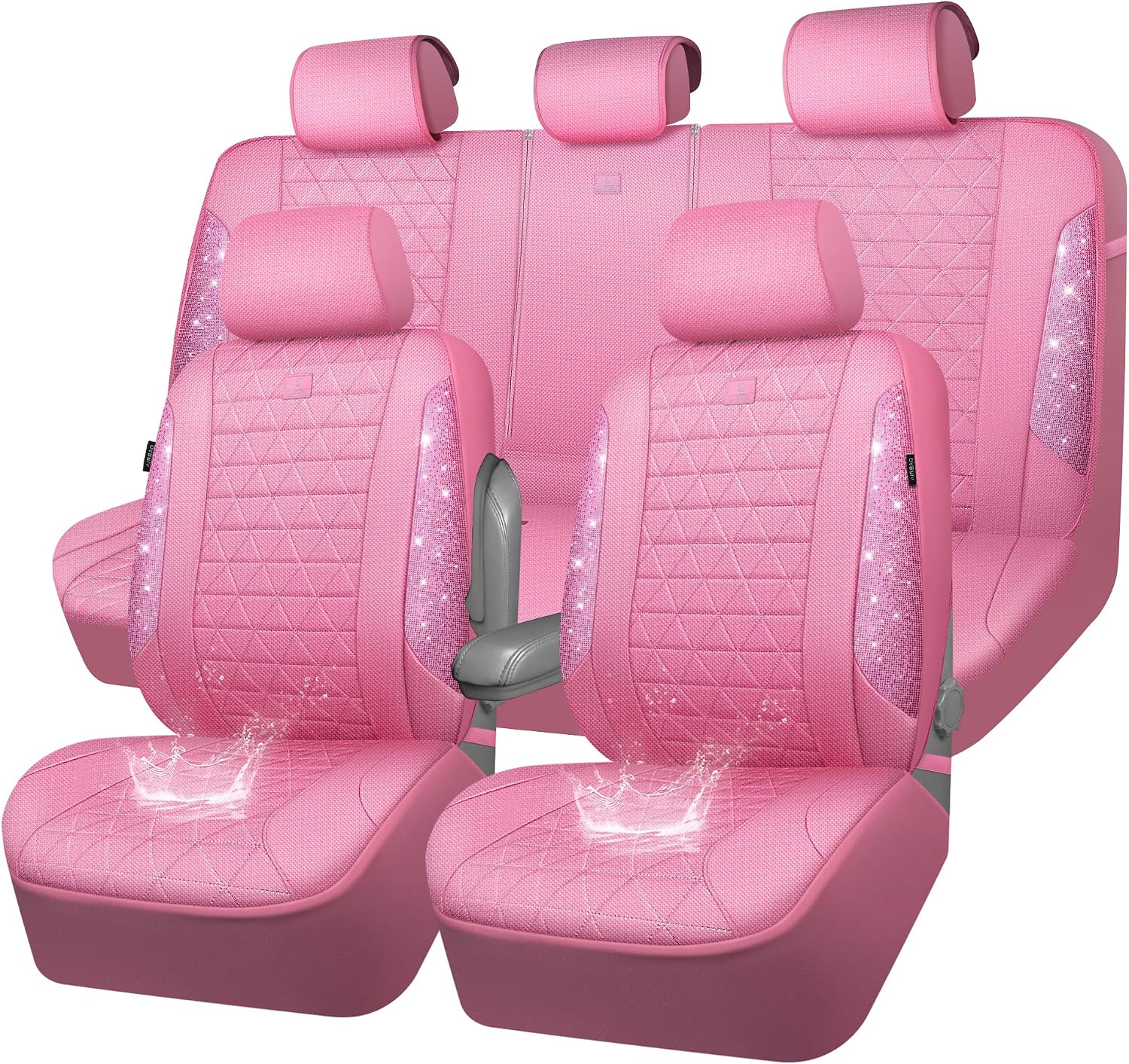 CAR PASS Pink Oxford Bling Diamond Car Seat Covers Full Set Interior Sets, Waterproof Shining Glitter Sparkly Crystal Universal Armrest Fit 95% Automotive Truck SUV Cute Women Girl, Pink Rhinestone