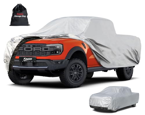 Kayme Mid-Size Truck Cover Waterproof All Weather, Heavy Duty Outdoor Midsize Pickup Cover Sun Rain Protection, Universal Fit Ford Ranger Chevy Colorado GMC Canyon (Length Up to 220 inch) M+.Sliver