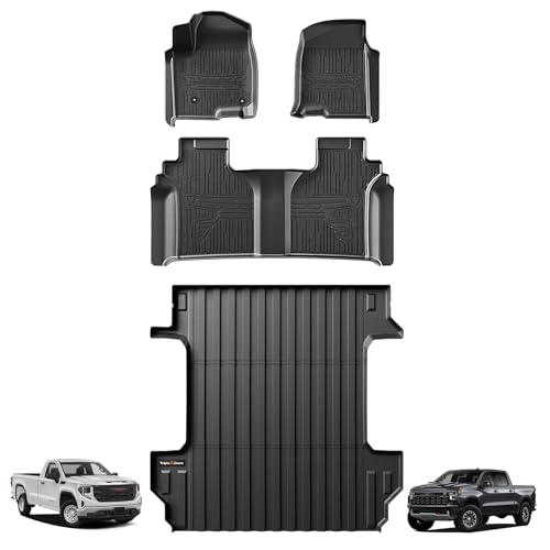 TripleAliners Truck Bed Mat & Floor Mats Front Rear Full Set Compatible with 2019-2024 2025 Chevy Silverado/GMC Sierra 1500 Crew Cab Accessories All Weather TPE Liners (5'8'' Truck Bed Mat+Floor Mats)