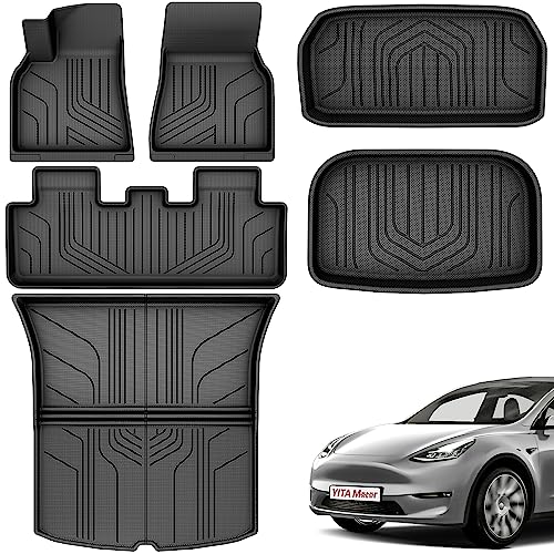 YITAMOTOR Floor Mats Compatible with Tesla Model Y 2021-2024 2025 5 Seater (Not Fit Model Y Juniper) Full Set, All-Weather Cargo Liners Rear Cargo Automotive Accessories