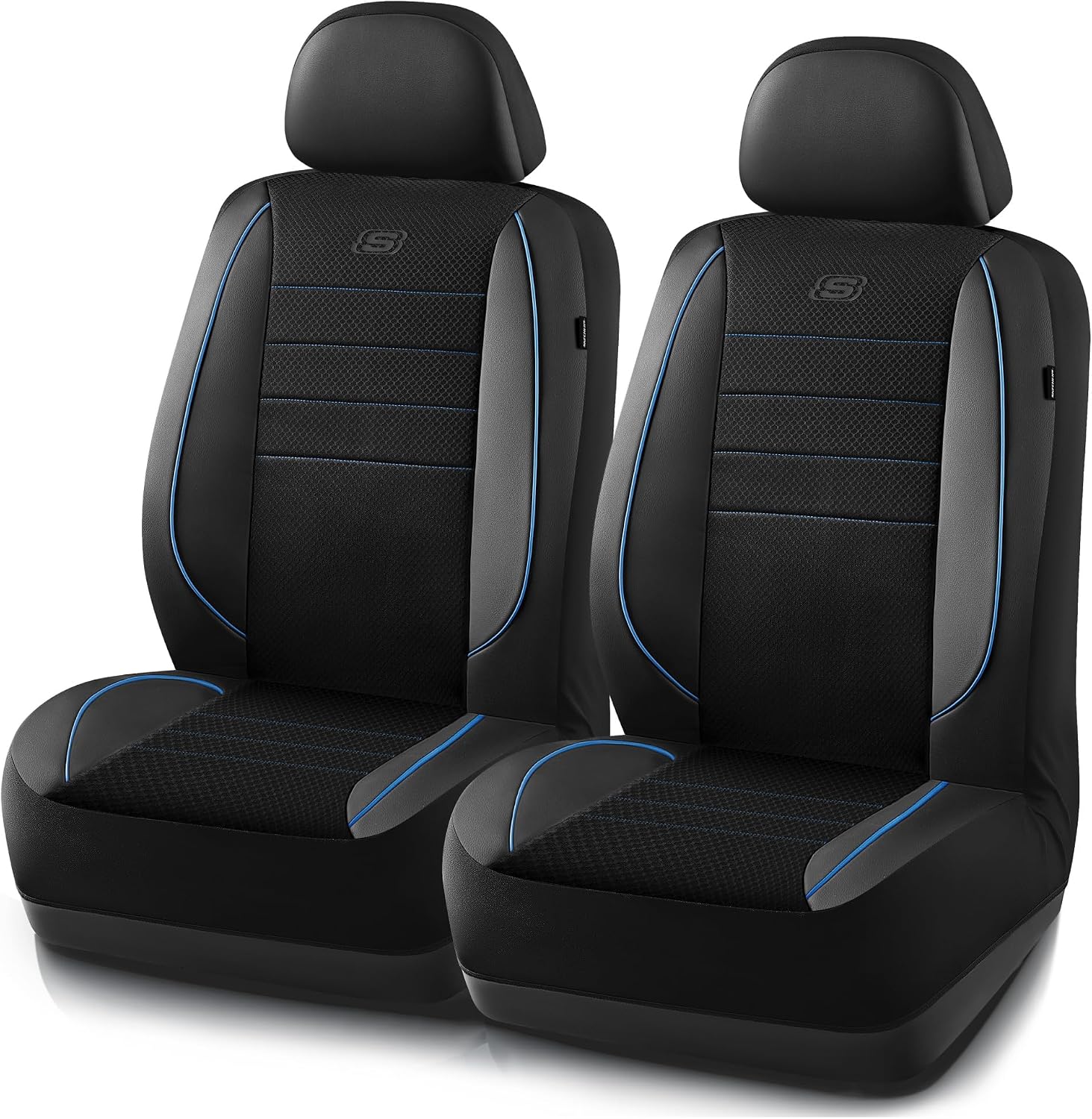 Skechers Air-Cooled Memory Foam Seat Covers,Mesh Thick Car Seat Covers,Piping Leather Car Seat Covers Front Seats,Airbag Compatible,Automotive Comfort Universal Fit Most Cars,Vans,Truck,SUV,Blue